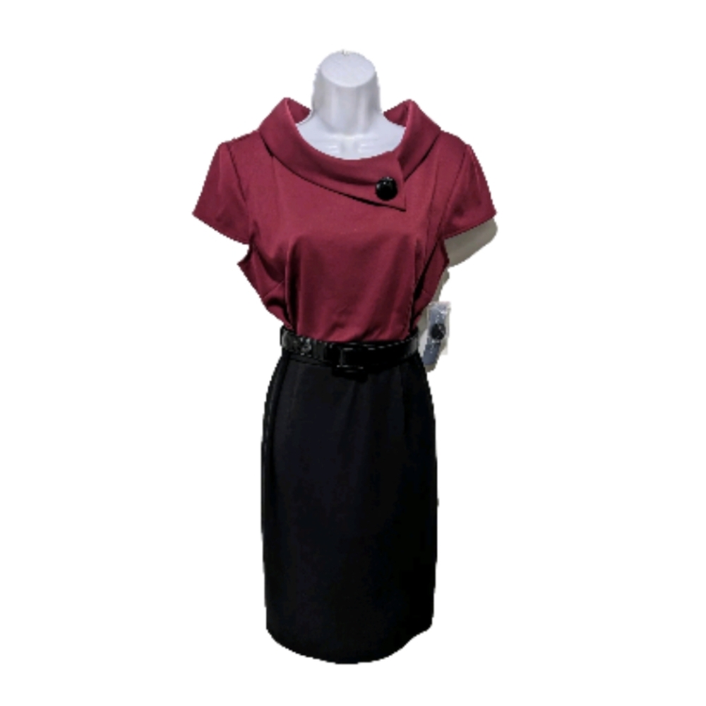 NWT London Times Collared Sheath Dress 15 Color Block Burgundy Corpcore Elegant - Picture 8 of 13
